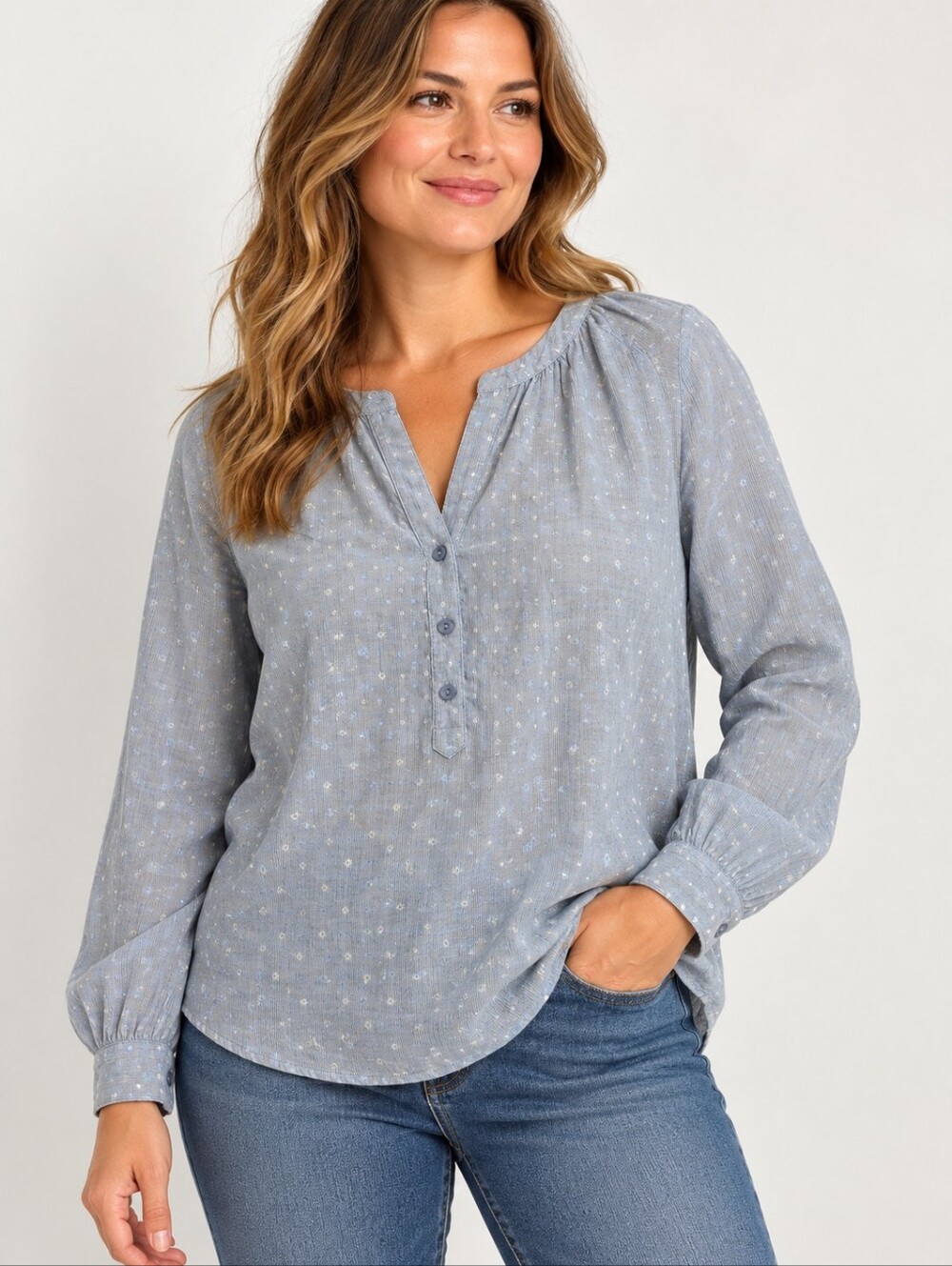 LOFT Floral Polka Dot Popover Blouse Long Sleeve Relaxed Top Size L Blue White